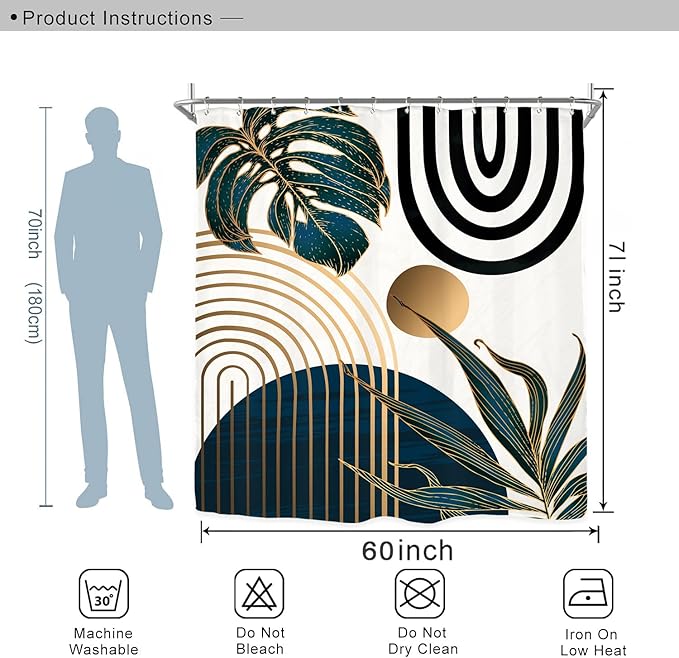 Miyotaa Abstract Modern Navy Blue Shower Curtain Set 60Wx71H Inches Minimalist Mid Century Contemporary Monstera Leaves Vintage Aesthetic Polyester Waterproof Cloth Bathroom Curtain with 12 Hooks