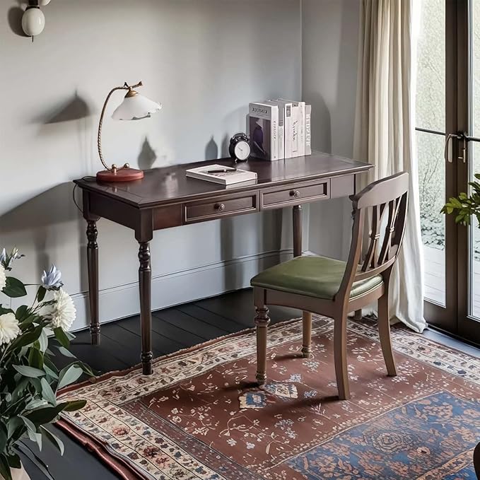 Walnut Writing Desks with Drawers, 47" Solid Wood French Country Style Computer Desk for Home Office, Living Room Study or Workspace