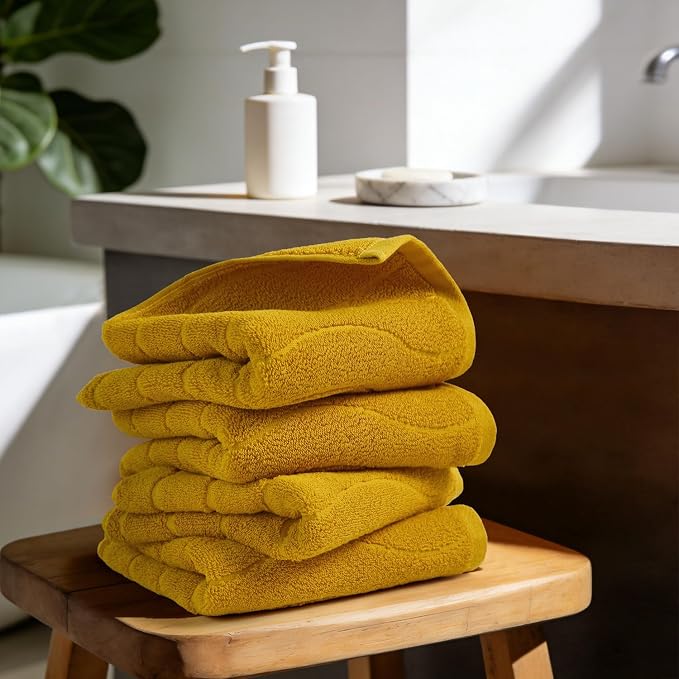 Jacquotha Wavy Striped Cotton Hand Towels, Set of 4, Dry Your Hand Instantly, 13x29 Inches, Mustard Kitchen Bathroom Towel
