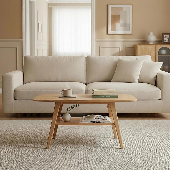Solid Wood Coffee Table - Modern Wooden Center Coffee Table with Storage Shelf for Living Room,Apartment and Office
