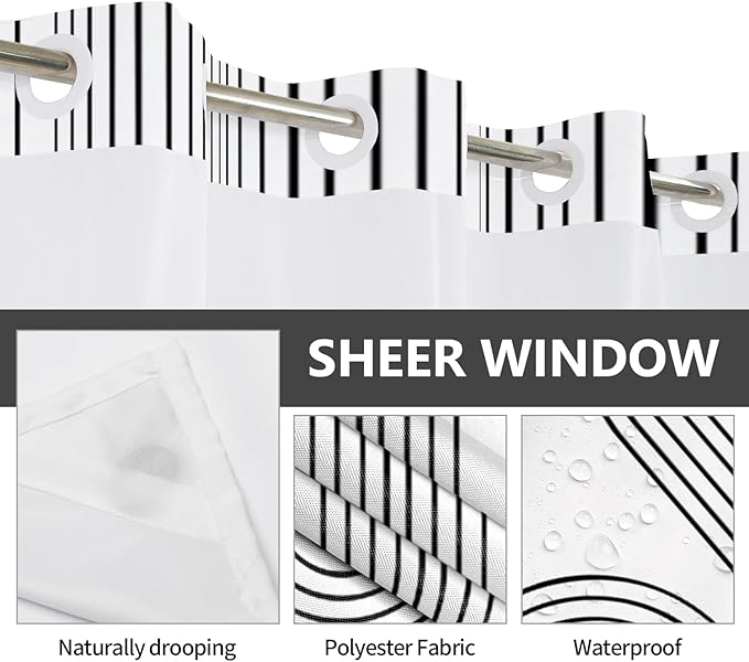 No Hook Shower Curtain with Snap in Liner Set Boho Shower Curtain Mid Century Modern Black and White Abstract Arch Fabric for Bathroom 71x74 Inch