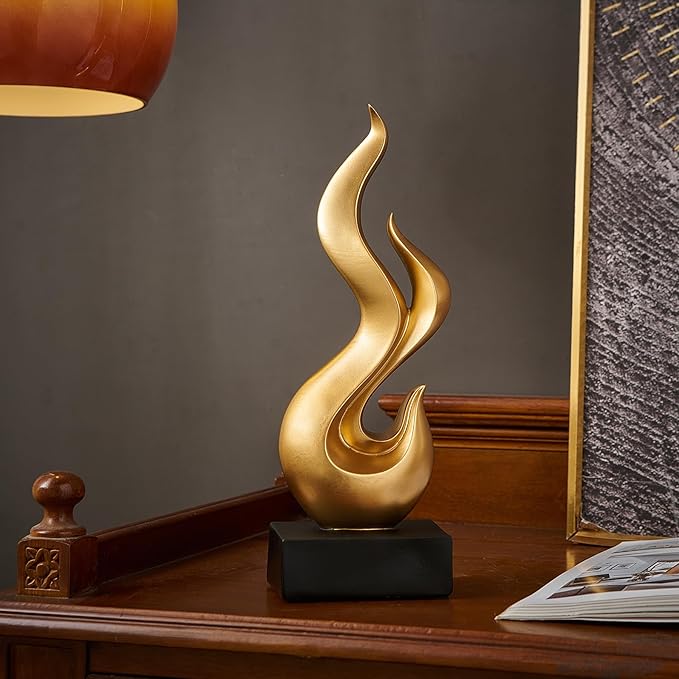 Modern Abstract Art Table Decoration, Gold Decor Flame Statue for Living Room Home, Black Shelf Decor Accents, Abstract Art Resin Sculpture for Dining Room, Office & Coffee Table Centerpiece (Gold)