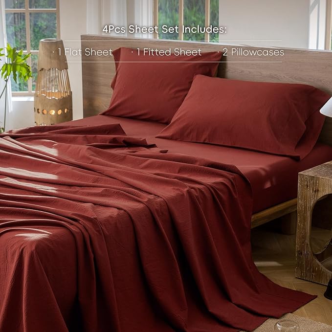 MooMee Bedding Sheet Set 100% Washed Cotton Linen Like Textured Breathable Durable Soft Comfy (Solid Fired Brick Red, Queen)