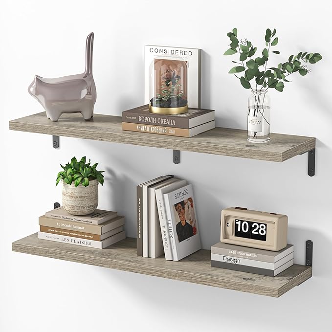 Marsmiles Extra Wide Floating Shelves for Wall, 36x8 Inch Natural Wood Grain Bookshelves, Heavy Duty Mounted Shelving for Bathroom, Kitchen, Living Room, Bedroom,Set of 2，Grey