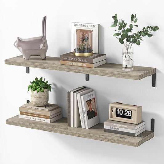 Marsmiles Extra Wide Floating Shelves for Wall, 36x8 Inch Natural Wood Grain Bookshelves, Heavy Duty Mounted Shelving for Bathroom, Kitchen, Living Room, Bedroom,Set of 2，Grey
