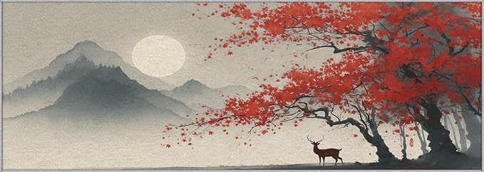 Asian Deer Runner Rug 3x11, Japanese Ink Design, Chinese Area Rug, Washable Carpet Runner for Bedroom, Standard Hallways, Kitchen Walkway, Dining Room Sideboard