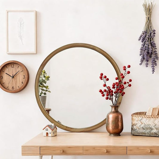 Round Wood Framed Wall Mirror 35.43 Inch, Natural Wooden Circle Mirror for Bathroom Bedroom Entryway, Mid-Century Modern Decorative Large Wall Accent Mirror, Oak
