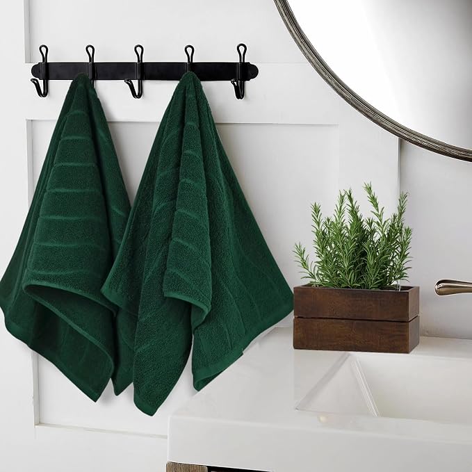 Jacquotha 2-Piece Hand Towels Set in Forest Green, Wavy Striped Jacquard Towels for Bathroom Kitchen (13x29 Inches, 100% Cotton)