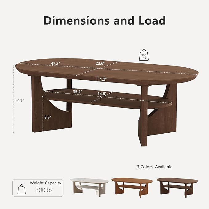 Mid Century Modern Coffee Table, 47" Oval Wood Coffee Tables for Living Room, 2 Tier Curved Round Center Table with Storage Shelf & Sturdy Base, Minimalist Retro Tea Tables, Walnut