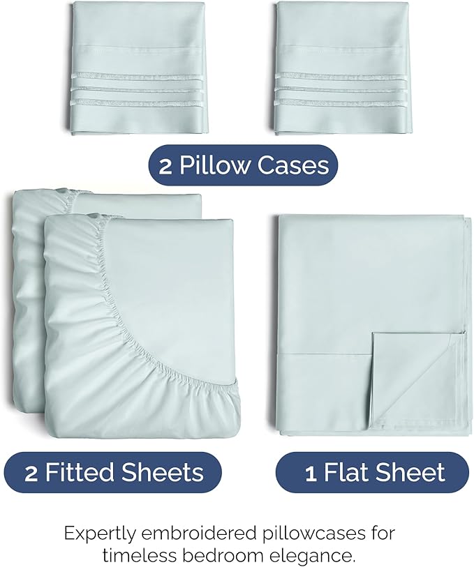 Split King Size 5 Piece Sheet Set - Comfy Breathable & Cooling Sheets - Hotel Luxury Bed Sheets for Women & Men - Deep Pockets, Easy-Fit, Soft & Wrinkle Free Sheets - Ice Blue Oeko-Tex Bed Sheet Set