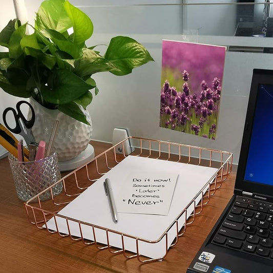 Desk Tray, Wire Metal Letter File Tray Organizer, Size 12.2”x9.5”x1.9”, Rose Gold