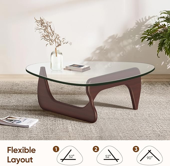 Triangle Glass Coffee Table Modern Coffee Table, with Vintage Clear Glass, and Solid Wood Base, End Table for Living Room, Office, Balcony, Patio (Dark Walnut)