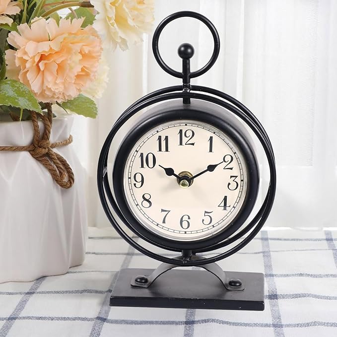 Small Vintage Metal Desk Clock, Decorative Table Clock for Living Room, Silent Mantel Clocks Farmhouse Shelf Decor Battery Operated, 9.5" Black