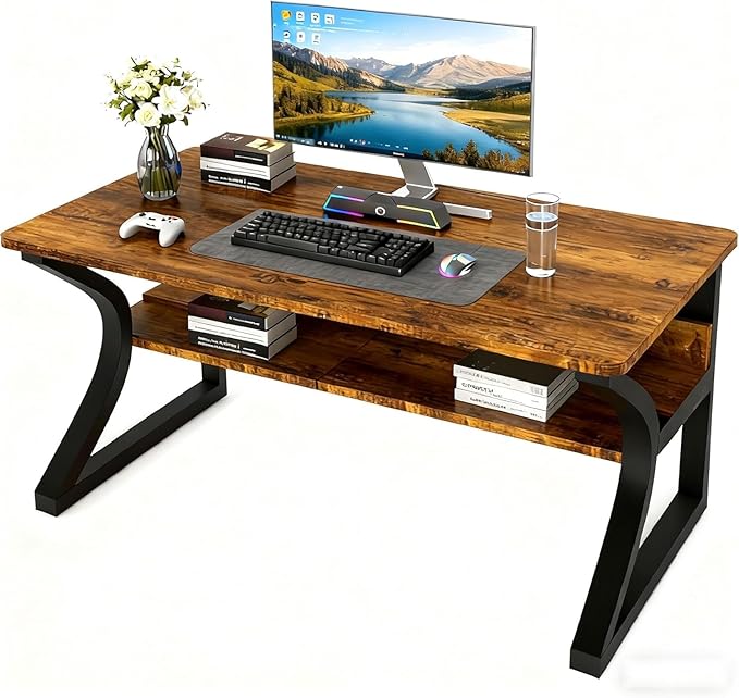 55 X 23.6'' Computer Desk, Home Office Desks w/Shelf Storage, Computer Desk w/Metal Frame, Cable Management, Study Student Desk Writing Work Table Deeper & Thicker Desktop for Home Bedroom