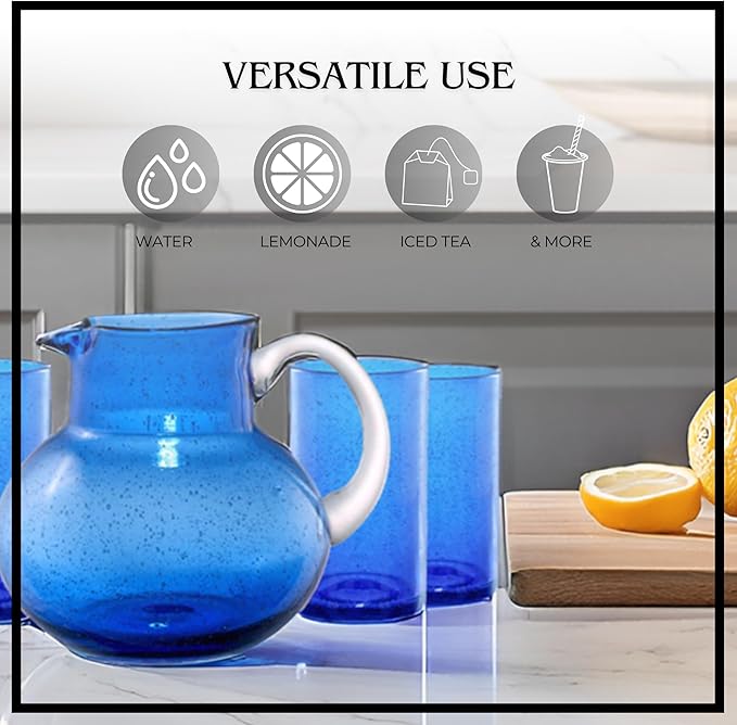 ARTLAND Iris 90oz Glass Pitcher & 17oz Highball Cup (Set of 4) - Handcrafted Drinkware, Unique Bubble Design Lead-Free Glass for Serving Beverages, Home Dining, Entertaining Essentials (Cobalt Blue)