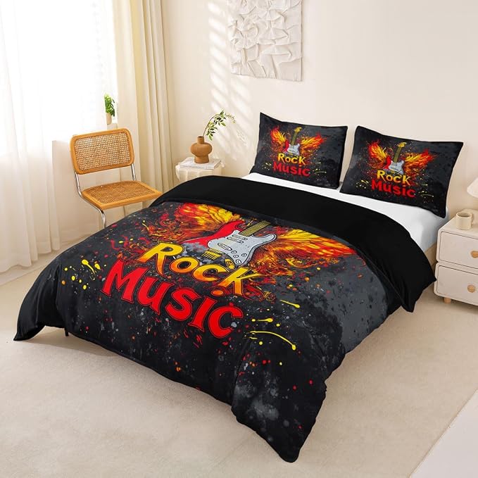Erosebridal Rock Music Bedding Set Queen for Boys Men - Rock Roll Electric Guitar Duvet Cover Vintage Cool Flame Wings Guitar Comforter Cover,Trendy Punk Music Bed Set