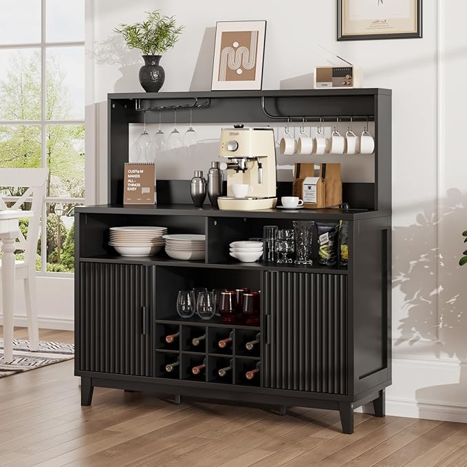 Fluted Buffet Cabinet with Storage, Modern Coffee Bar Cabinet with Outlet, Removable Wine Rack, Multi-Functional Accent Liquor Cabinet for Living Room, Entryway, Kitchen, Black