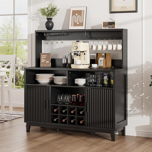 Fluted Buffet Cabinet with Storage, Modern Coffee Bar Cabinet with Outlet, Removable Wine Rack, Multi-Functional Accent Liquor Cabinet for Living Room, Entryway, Kitchen, Black