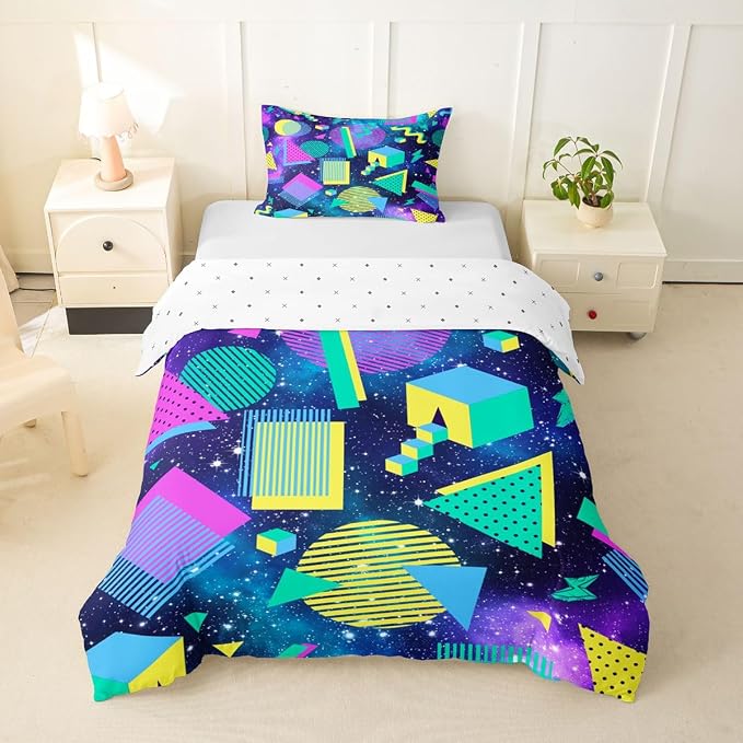 Retro 80s 90s Bedding Set Twin,Abstract Geometric Duvet Cover Urban Modern Circles And Triangle Comforter Cover Colorful Pop Art Inspired Pattern Quilt Cover Mens Hipster Hip-Hop Room Decor