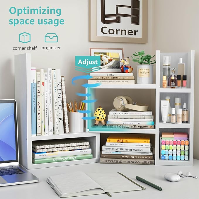 NUTIKAS Desk Shelves Desktop Organizer Shlef - White Office Organization for Top of Desk Organizers and Accessories Corner Bookshelf Table Top Shelving Small Hutch Decorations for Women Office