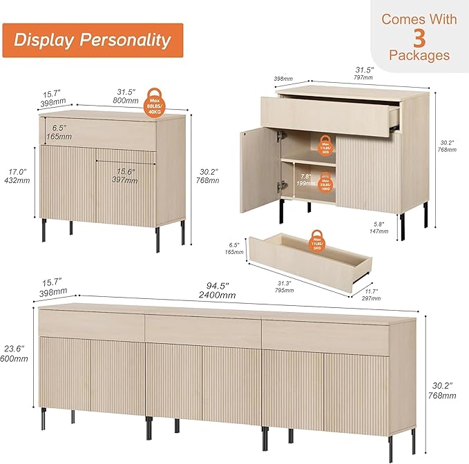 WAMPAT 94.5" W Large Sideboard Buffet Cabinet with Storage,3 in 1 Fluted Sideboard Buffet with 6 Doors, Wooden Buffet Table, Coffee Bar Wine Bar Cabinet for Kitchen, Dining Room, Living Room, Beige