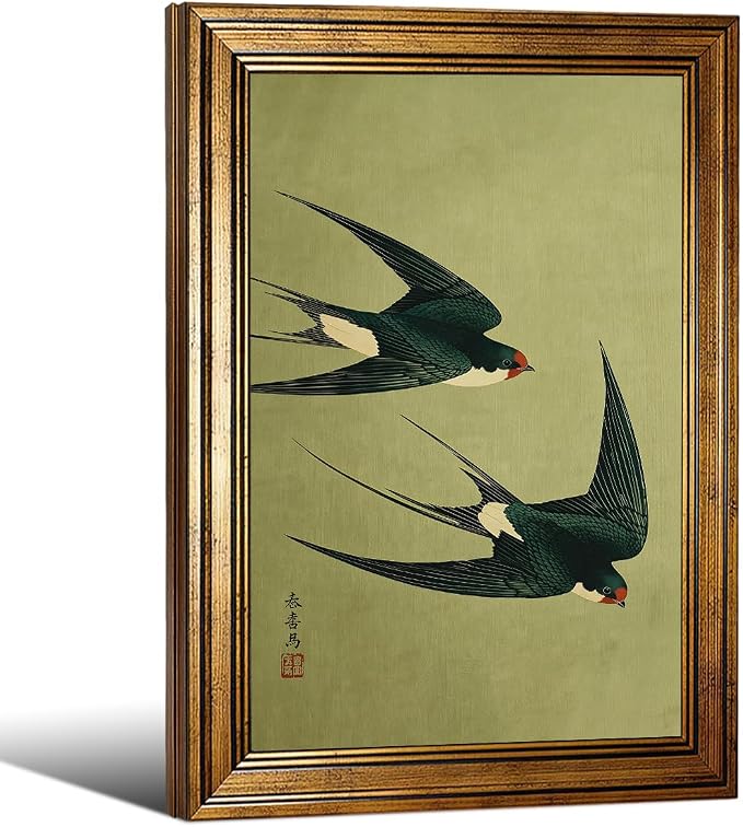 Gold Framed Japanese Flying Swallow Wall Art Asian Japandi Bird Animal Poster Nature Vintage Green Canvas Prints for Living Room Bedroom Home Decor 20x30 inch