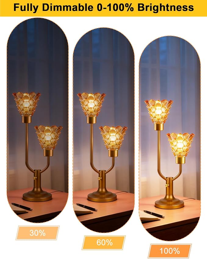 Lightdot Vintage Gold Table Lamp for Bedroom Dimmable Mid Century Modern Desk Lamp Amber Glass Nightstand Lamp 2 Bulbs Included Warmwhite Ambient Bedside Lamps for Living Room Home Office Decor Gift
