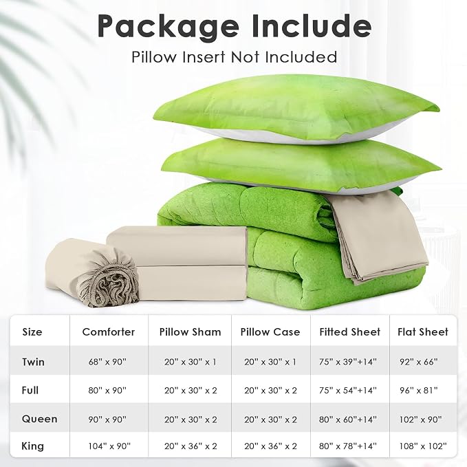 5Pcs Comforter Set Twin Size, Modern Lime Green Lemon, Bedding Decor Watercolor Pastel Dye Stained Abstract Bedroom Bed Set with Flat Sheet Fitted Sheet Pillowcases Shams for Kids and Adults