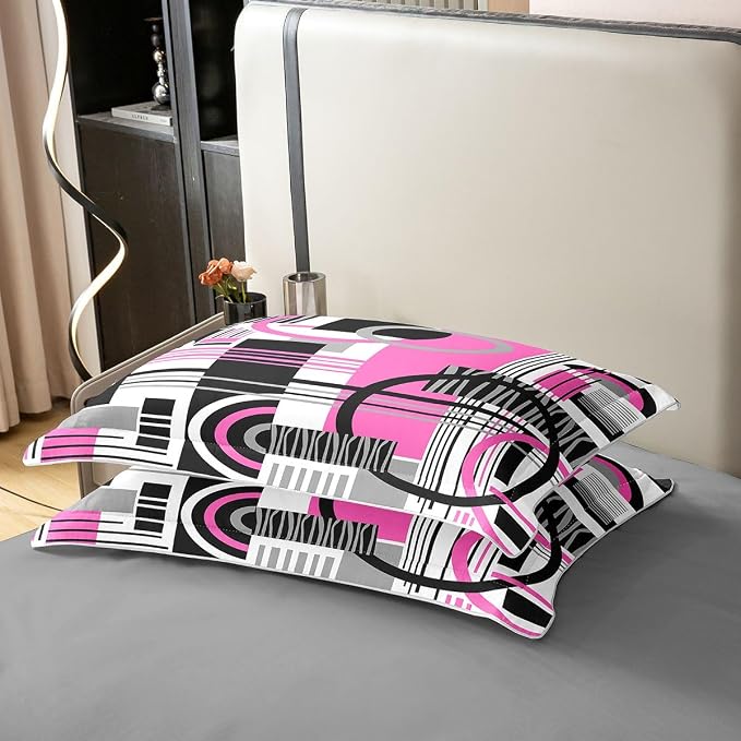 Erosebridal Art Deco Mid Century Duvet Cover Set Retro Modern Abstract Geometric 100% Cotton Comforter Cover Black and White Fuchsia Circles Stripes Twin Bedding Sets for Girls, Contemporary Bed Set
