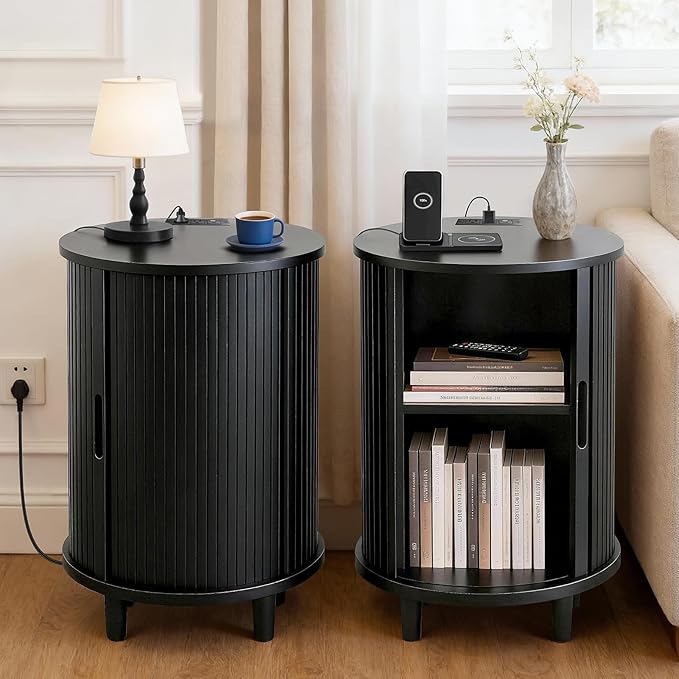 DHH Round End Table with Storage & Charging Station, Fluted Accent Side Table with Sliding Door & Adjustable Shelf, Mid-Century Nightstand for Small Spaces, Living Room, Bedroom (1, Black)