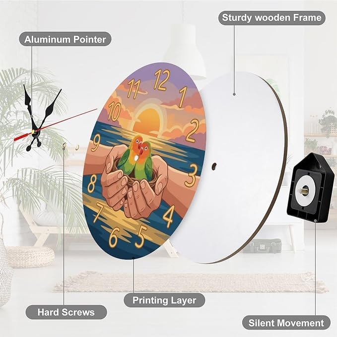 Lovebirds Sunset Ocean Wooden Wall Clock Silent Non Ticking Frameless Battery Operated Home Decor for Living Room, Kitchen, Bedroom, Office & Gift Idea 10/12 inch