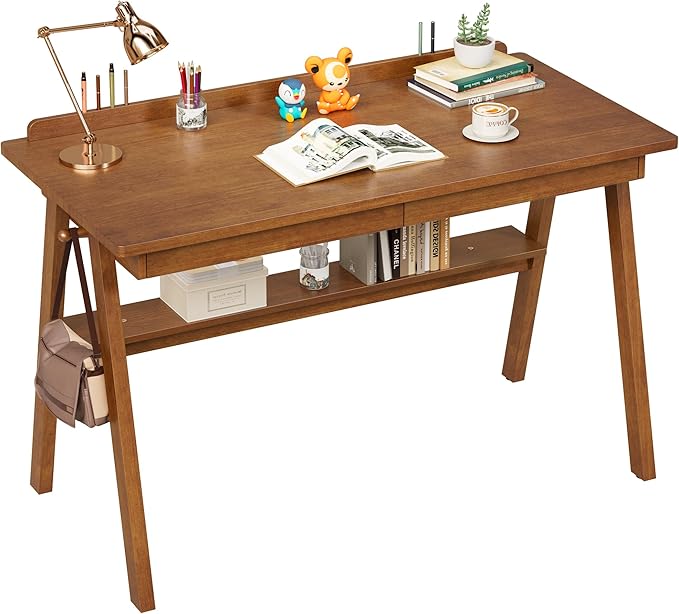 100% Solid Wood Desk with Drawers & Storage Shelf - 48 x 24 Inch Mid Century Modern Desks, Vintage Writing Desk with Deeper Desktop, Home Office Computer Desks for Bedroom & Home-Walnut Color