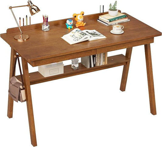 100% Solid Wood Desk with Drawers & Storage Shelf - 48 x 24 Inch Mid Century Modern Desks, Vintage Writing Desk with Deeper Desktop, Home Office Computer Desks for Bedroom & Home-Walnut Color