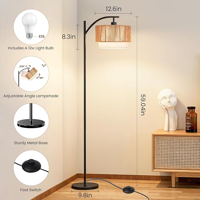 TJOY Floor Lamp for Living Room with 12W LED Bulb, Arc Floor Lamp, 3 Color Temperatures Standing Floor Lamp with Boho Rattan & Fabric Shades for Living Room, Bedroom, Farmhouse, Corner