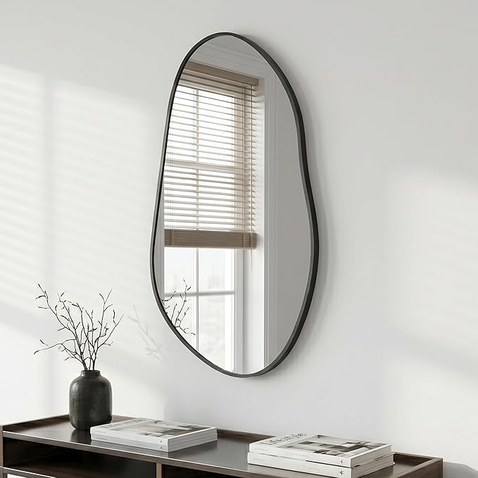 32 x 16.5 Inch Irregular Wall Mirror, Asymmetrical Black Decorative Mirror with Matte Aluminum Frame, Tempered Glass Organic Shape Mirror for Entryway, Bathroom, Bedroom, Vanity & Hallway