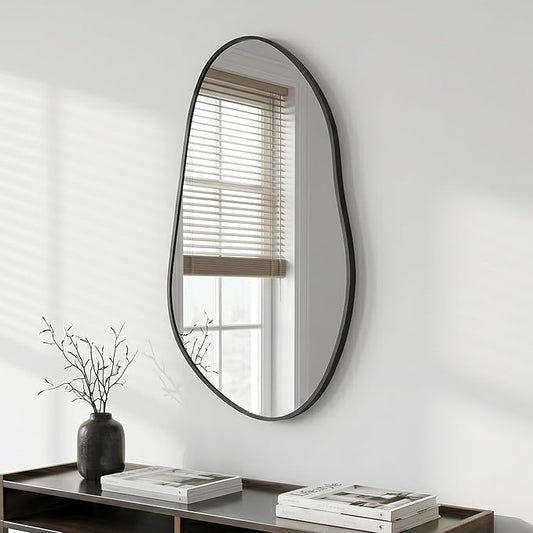 32 x 16.5 Inch Irregular Wall Mirror, Asymmetrical Black Decorative Mirror with Matte Aluminum Frame, Tempered Glass Organic Shape Mirror for Entryway, Bathroom, Bedroom, Vanity & Hallway