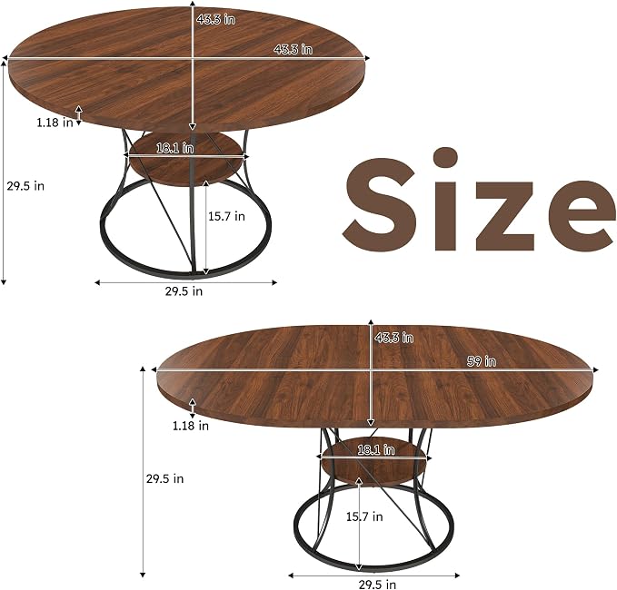 43"-59" Extendable Round Dining Table for 4-6,Mid Century Modern Walnut Wood Grain Table,Expandable Kitchen Table with Storage Shelf for Small Spaces