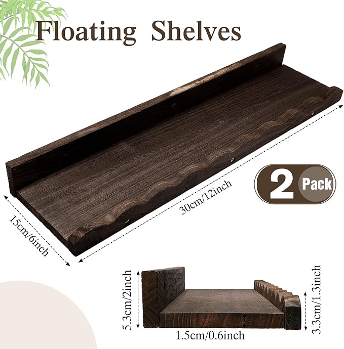 Suzile 2 Pcs Scalloped Shelves Wall Floating Shelves Set for Room, Bathroom, Bedroom, Cute Room Decor Aesthetic and Books, Toys, Photo Frames Storage(12",Dark Brown)