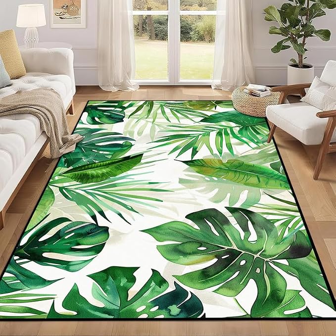 6'x9' Tropical Palm Leaf Rug Monstera Banana Leaves Floor Mat for Bedroom Living Room Nursery Playroom Classroom Home Decor Washable Low Pile Green Botanical Area Rug