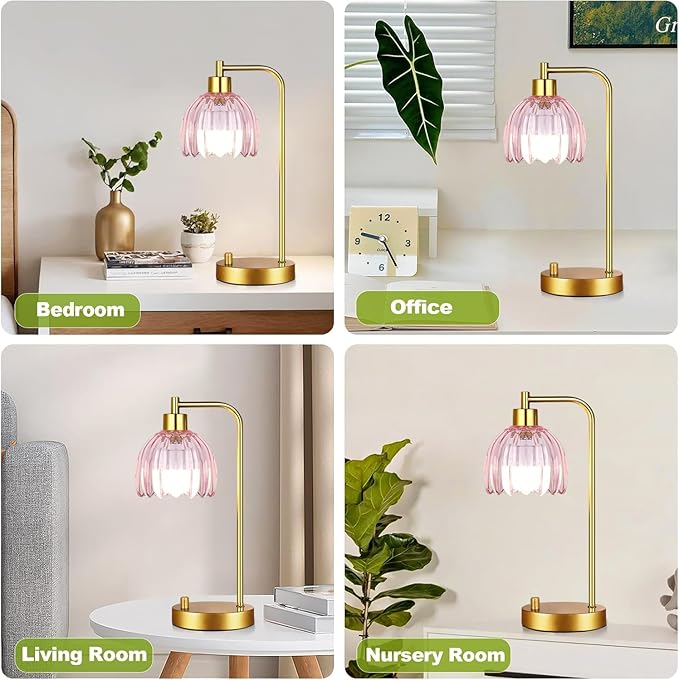 Pink Table Lamp Set of 2,Small Gold Bedside Lamps Dimmable Boho Bedroom Lamp with Tulip Flower Glass Lamp Shade,Vintage Mid Century Modern Mini Nightstand Lamp for Kids Bedroom Living Room