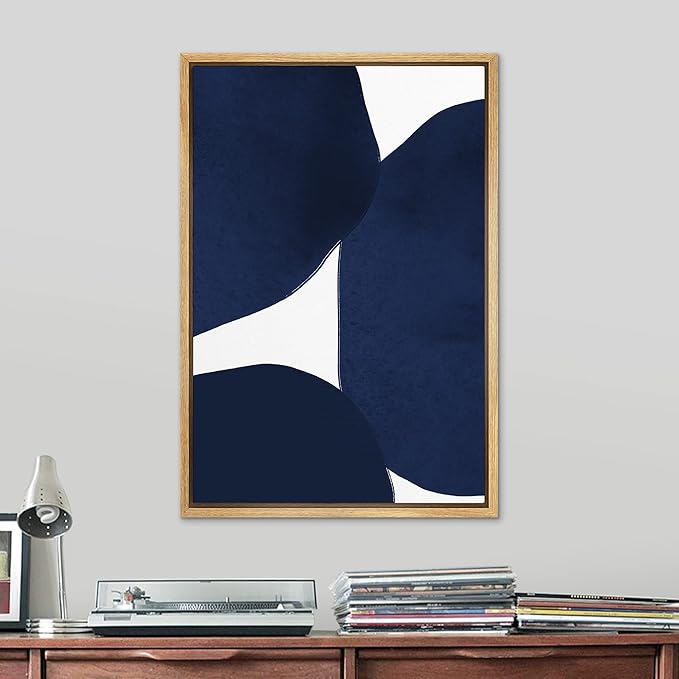 SIGNLEADER Framed Canvas Print Wall Art Geometric Pastel Navy Blue Vintage Circle Collage Abstract Shapes Illustrations Modern Art Decorative Minimal for Living Room, Bedroom, Office - 16"x24" NATURAL