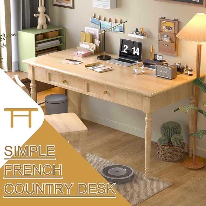 Solid Wood French Country Desk,Writing Desk with Storage Drawers,Farmhouse Computer Table Makeup Table Modern Simple Style,for Home Office Living Room Study Workspace Bedroom (Wood, 47.2IN)