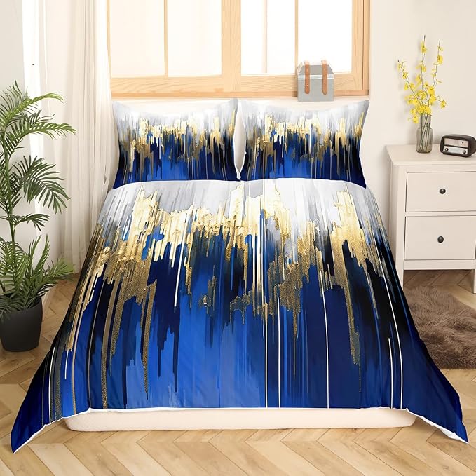 Erosebridal Abstract Art Duvet Cover Full Navy Gold Grey Bedding Set, Stripe Comforter Cover Golden Metallic Sequins Bed Set, Dark Blue Tie Dye Bedding Luxurious Modern Bedroom Decor