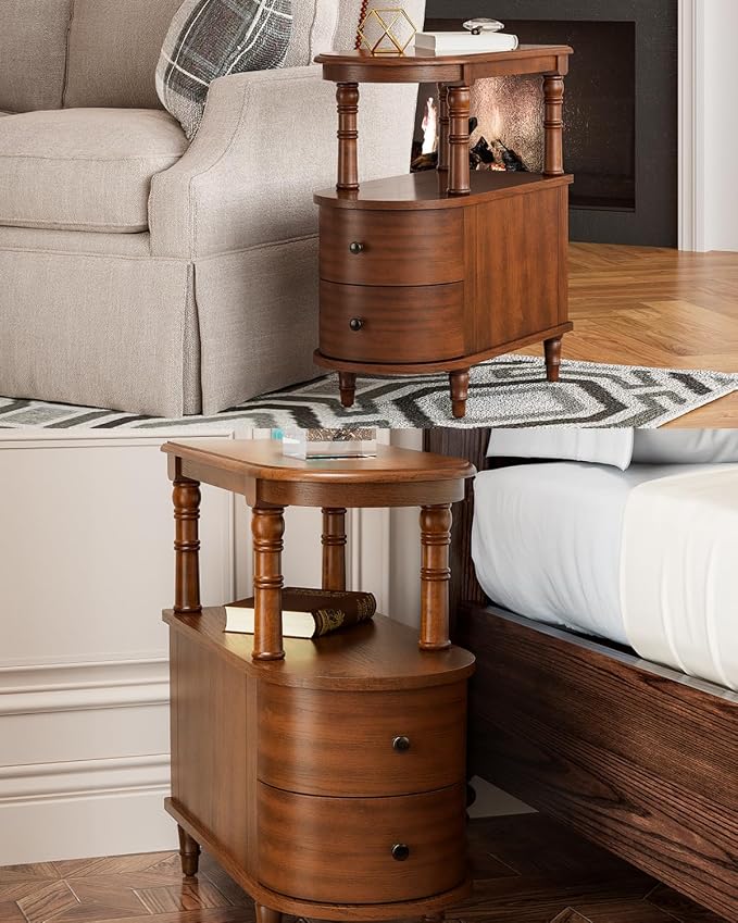 Biaco Set of 2 Solid Wood End Tables with 2 Drawers, Cherry Walnut Vintage Sofa Side Tables with Open Shelf,Full Assembly Slim Nightstands for Bedroom Living Room 23.4" Dx11.4 Wx25.3 H, BG-A508-CY