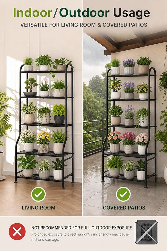 5-Tier Metal Plant Stand - Heavy Duty Indoor Outdoor Flower Shelf for Multiple Pots, 65" Tall Vertical Holder with Adjustable Leveling Feet & Wall-Fixing Kits, Black