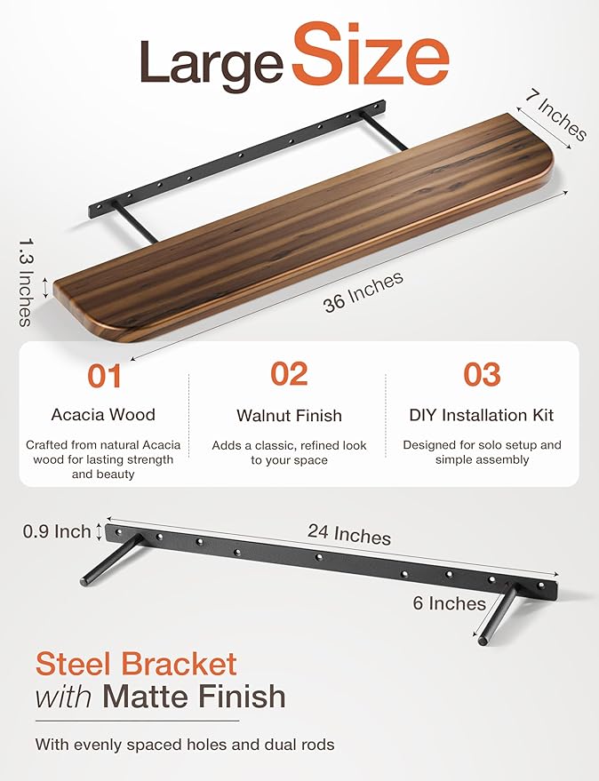 BATODA Set of 2 36” Acacia Floating Shelves for Wall (Round Edge) - Floating Bookshelf Wall - Storage Wood Shelves for House Decor, Kitchen, Bathroom - Brackets and Hardware Included (Walnut Color)