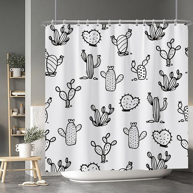 Baocicoo Cartoon Cactus Shower Curtain Tropical Plants Mexican Texas Minimalism Black and White Decorative Artistical Shower Curtains for Home Bathtubs Bath Waterproof Fabric with Hooks 72x72 Inches