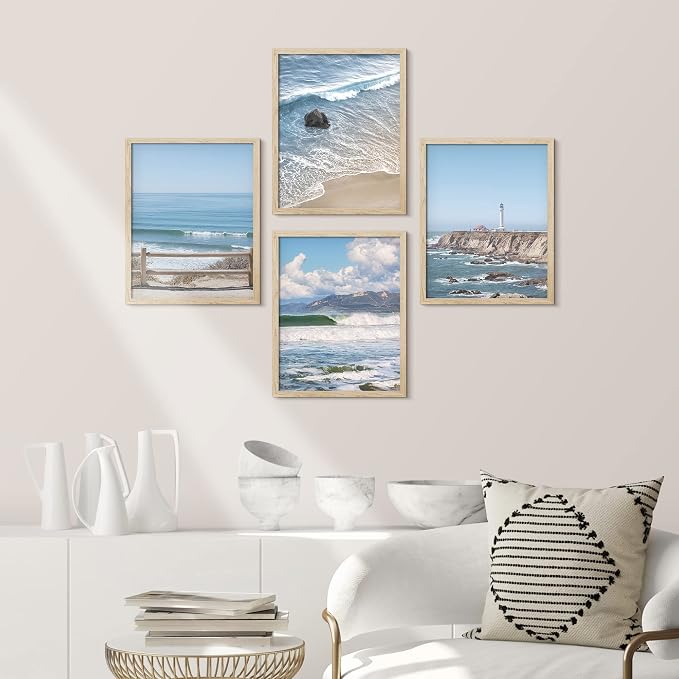 SIGNWIN Framed White Aerial View Blue Ocean Wave Beach Shore Wall Art, Set of 4 Landscape Colorful Wall Decor Prints, Nature Wilderness Wall Décor for Living Room, Bedroom - 8"x10" Natural