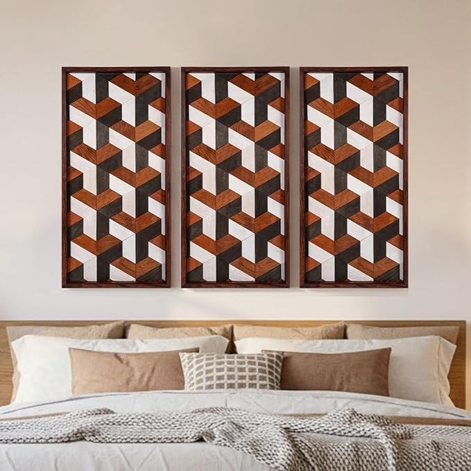 CONSDAN Wood Wall Decor | USA Grown Hardwood, Rustic Wooden Wall Art, Home Decorations for Living Room and Bedroom Aesthetic, Framed and Ready to Hang, Stereoscopic, 36" x 18"
