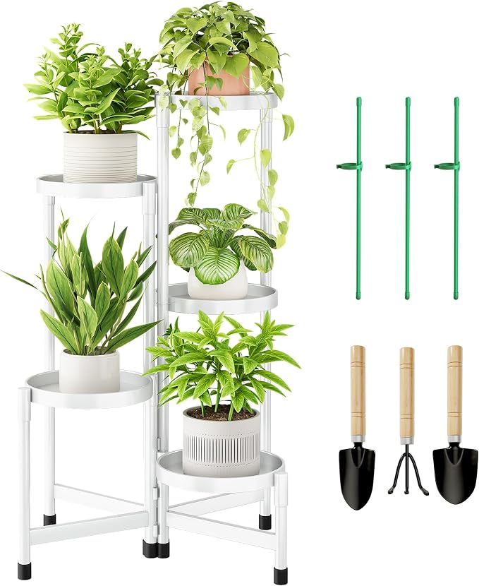 Cawukege 5 Tier Plant Stand Indoor, Tiered Plant Stand Outdoor for Multiple Plants, Corner Plant Shelf for Patio Balcony Porch Garden Living Room House,White